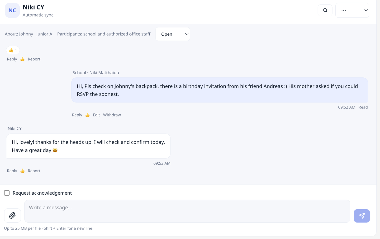 Chat screen with parents
