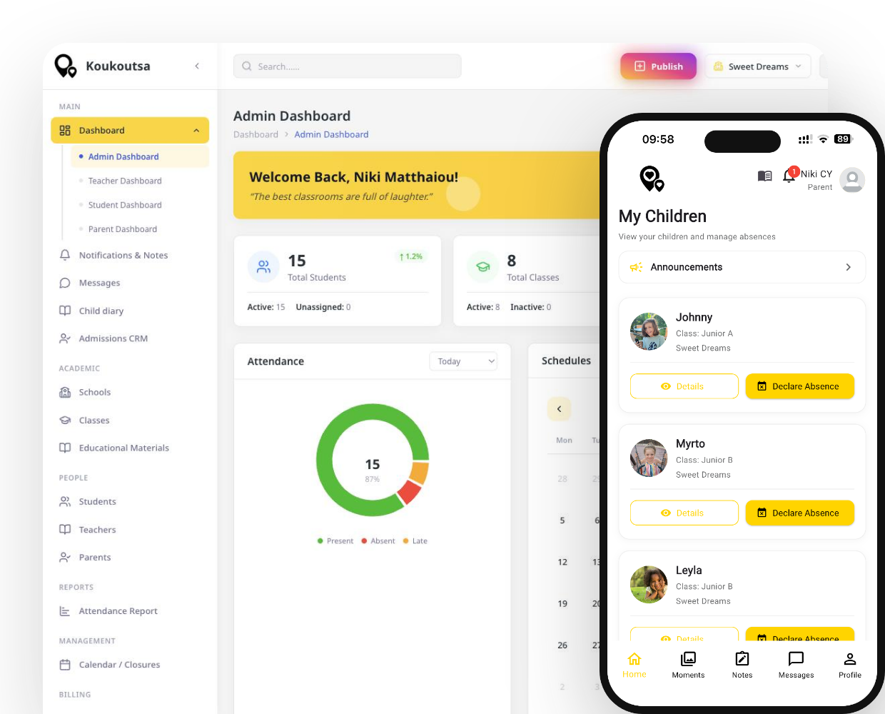 The Koukoutsa dashboard for school management and the parent app on a phone